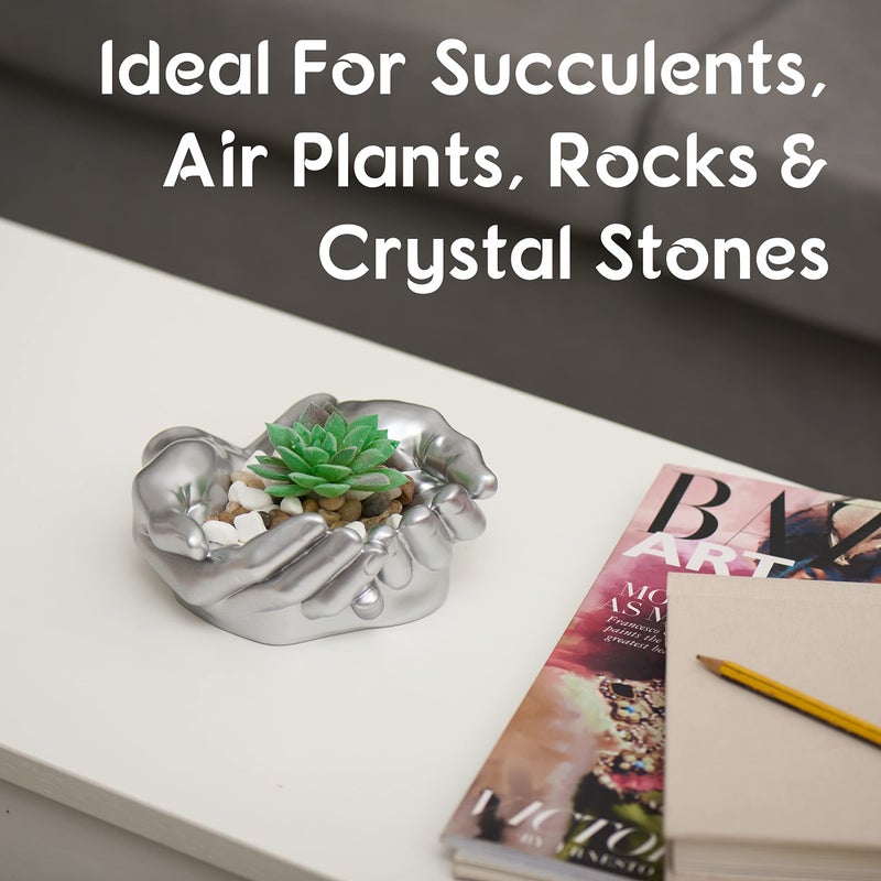 Tapeera Hand Shaped Succulent Planter Pot - Crystal Holder Display - Air Plant Holder Hand Planter - Giving Hands Sculpture Decor - Key Bowl Ring Dish Trinket Dish Candy Dish - Candle Holder (Silver) - Image 2